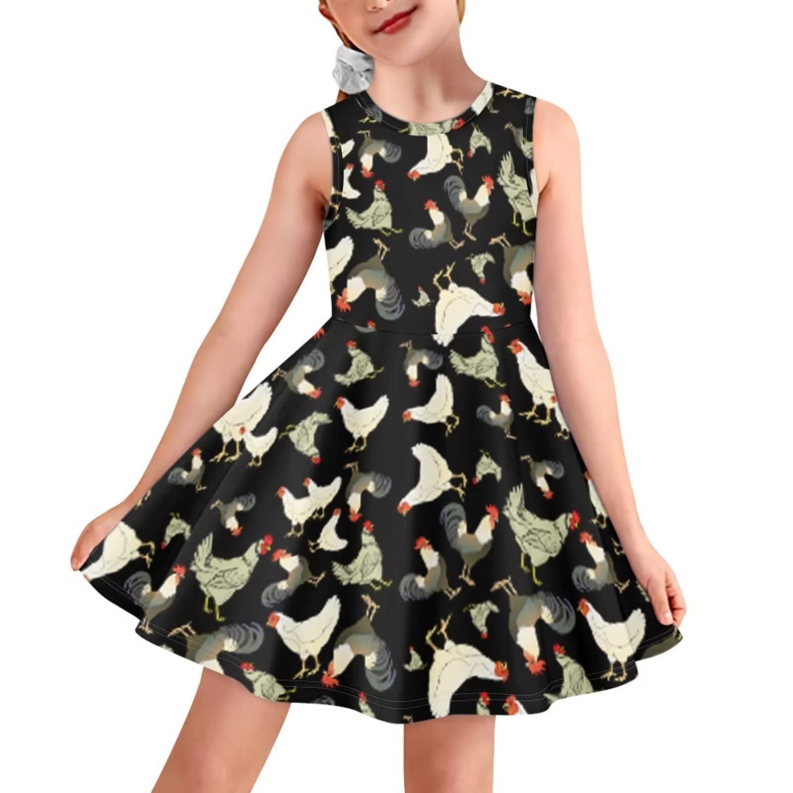 Floral Rooster Designs Summer Girls Dress Cute Style Kids Girl Party Sleeveless Princess Dresses Summer Fashion Vest Sundress