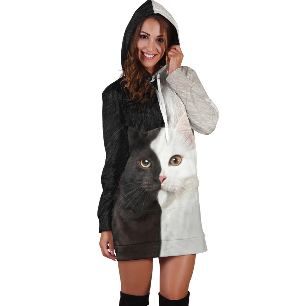 Black And White Cat Design Women Hoodie Dress Custom Fashion 3D Printed Pullover Casual Sexy Teen Girl Hoodies Dresses Wholesale