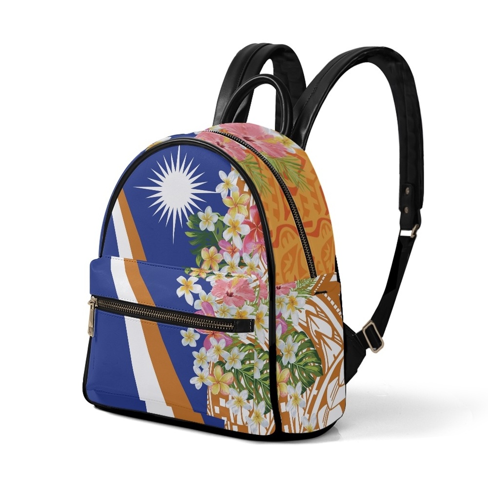 Marshall Islands with Plumeria Flower Pattern Pu Leather Mini Backpack Purses Shoulder Bag Bookbag Satchel for Travel Pockets