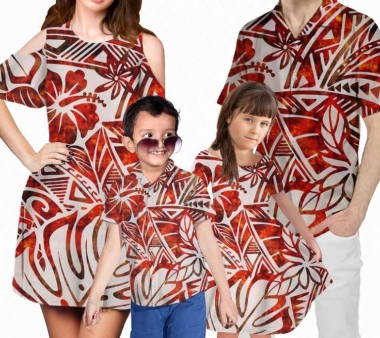 2024 New Polynesian Printing 4Pcs Set Mom/Daughter Dress with Shorts Sleeve Match Dad/Son Shirts Family Clothing Set