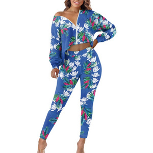 Fashion Pikake Arabian Jasmine Print Women Sets Custom Zip Cropped Top And High-Waist Trousers Two-Piece Sets