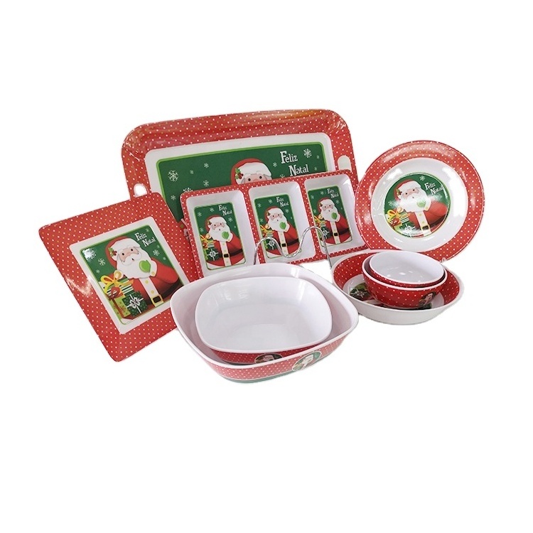 Melamine Dinnerware Set Durable Plastic  Dinner ware sets with Round Plate Sets Plates, Bowls Melamine Tableware for Christmas