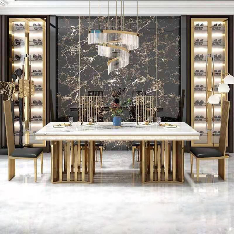 Luxury grey marble top dining table set rectangle tables crushed diamond dinning room furniture