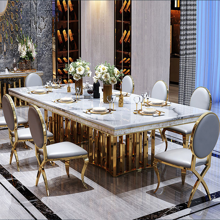 Luxury grey marble top dining table set rectangle tables crushed diamond dinning room furniture