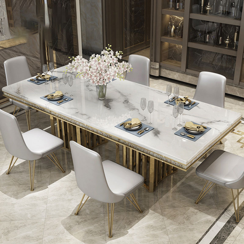 Luxury grey marble top dining table set rectangle tables crushed diamond dinning room furniture