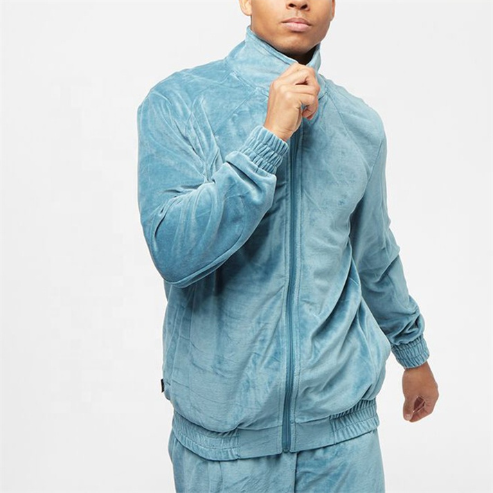 fashionable Private Label Sweatsuit Custom Logo Blue Men Sportswear Velour Velvet Mens Tracksuit