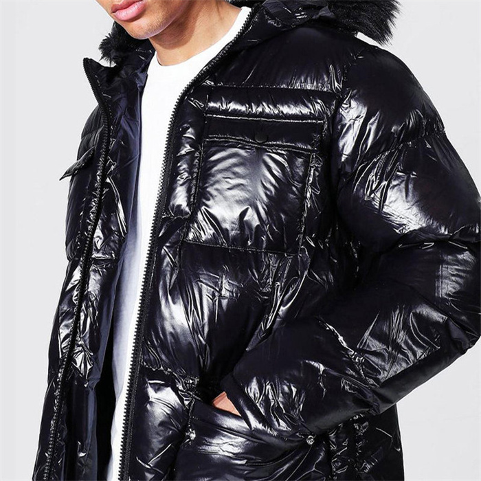 Fashion OEM Manufacturers Custom Logo Quality Bubble Hooded Black Parka Custom Men Shiny Puffer Jacket