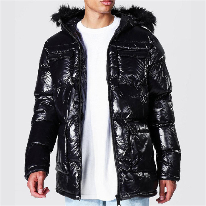 Fashion OEM Manufacturers Custom Logo Quality Bubble Hooded Black Parka Custom Men Shiny Puffer Jacket