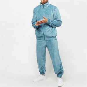 fashionable Private Label Sweatsuit Custom Logo Blue Men Sportswear Velour Velvet Mens Tracksuit