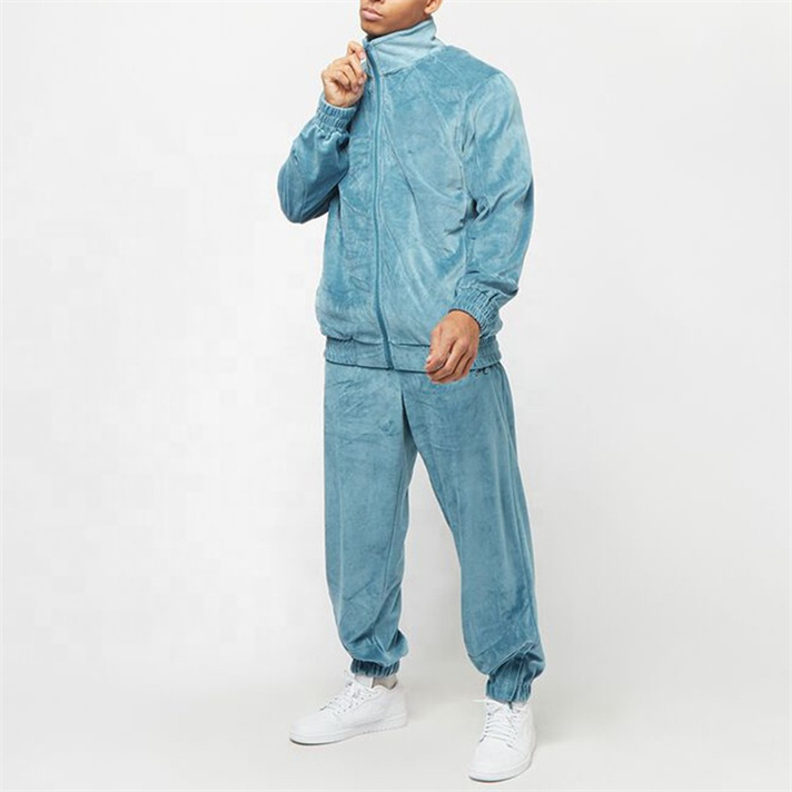 fashionable Private Label Sweatsuit Custom Logo Blue Men Sportswear Velour Velvet Mens Tracksuit