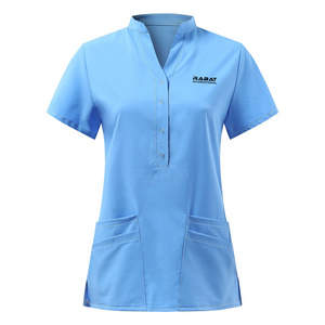 Women Casual Solid Scrub Tops Nurse Uniform Short Sleeve V-neck Button Tops Nursing Working Uniform T-shirt with Pocket