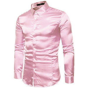 New Arrival Men Satin Silk Shirt Casual Slim Wedding Party Long Sleeve Button Down Top Quality Different Color Button Up Shirt