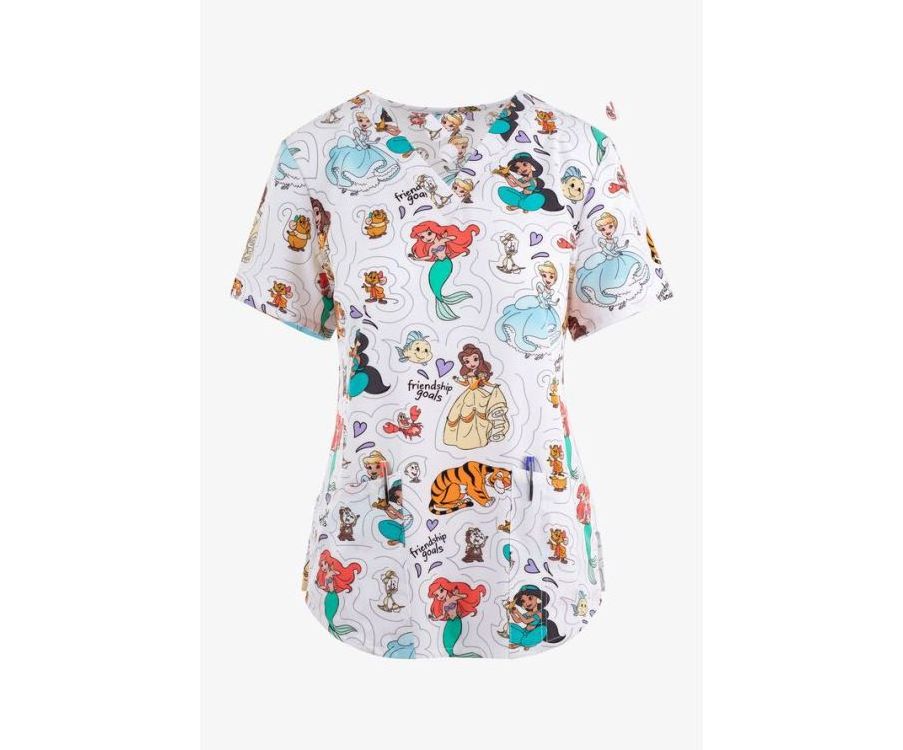 Tooniforms Scrubs Friendship Goals Princesses Women's 2-Pocket STRETCH V-Neck Print Scrub Top