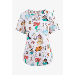 Tooniforms Scrubs Friendship Goals Princesses Women's 2-Pocket STRETCH V-Neck Print Scrub Top