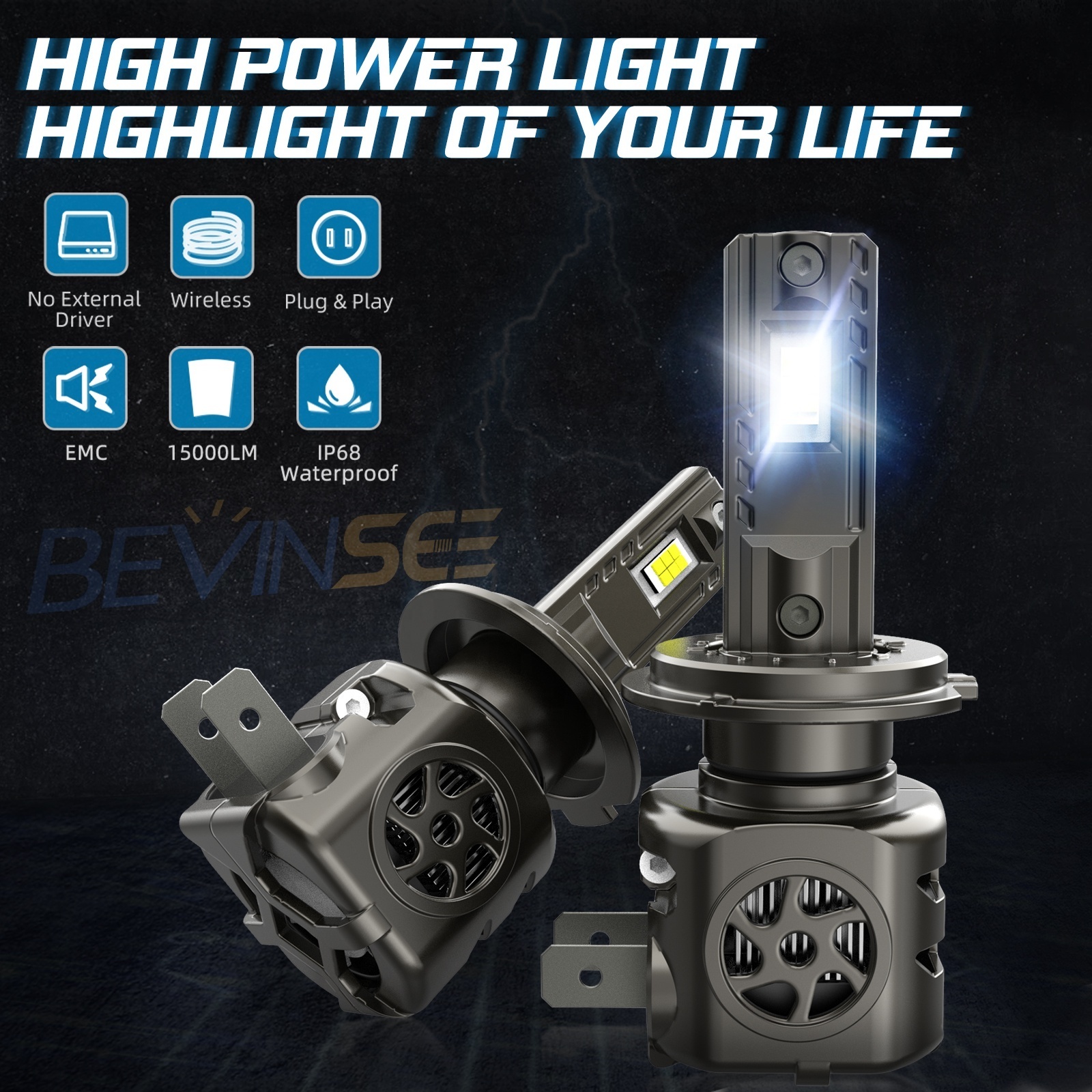 Bevinsee Super Bright Aluminum 100W 10,000LM 6500K Auto Lighting System H4 H7 H8/H9/H11 9005 9006 H1 LED Headlight bulb for car