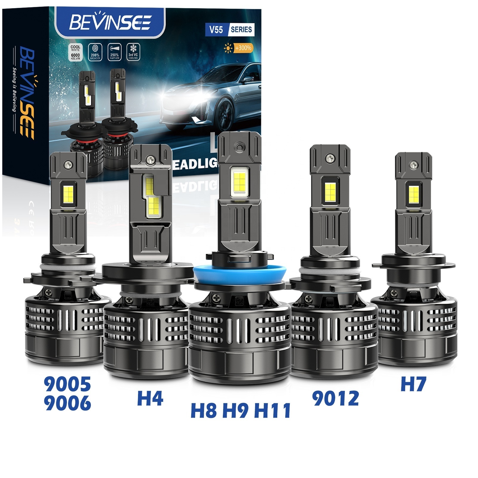 Bevinsee V55 Auto Parts CSP 4575 Chip 28000 LM 150W 12V LED Head Light H7 H8 H9 H11 9005 9006 9012 Led Headlight Bulb H4