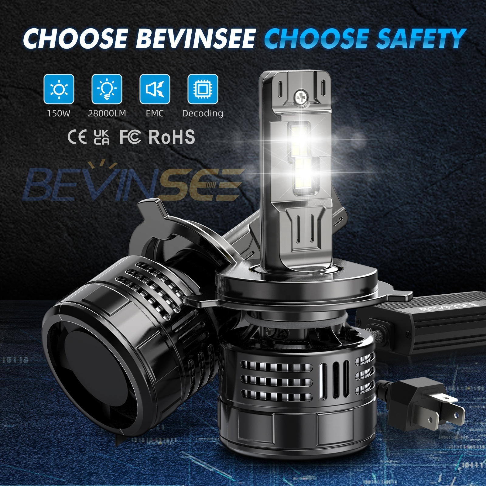 Bevinsee V55 Auto Parts CSP 4575 Chip 28000 LM 150W 12V LED Head Light H7 H8 H9 H11 9005 9006 9012 Led Headlight Bulb H4