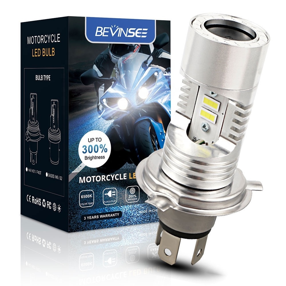 Bevinsee H4 HS1 BA20D 25W 2600lm White Blue Hi/Low Beam Halo Rings Angel Eye Light Motorcycle ATV UTV LED Headlight Bulb