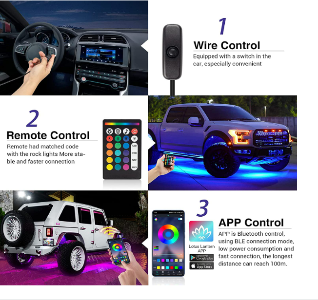 Car Led neon light  remote control wheel light SUV rock light RGB waterproof 12V