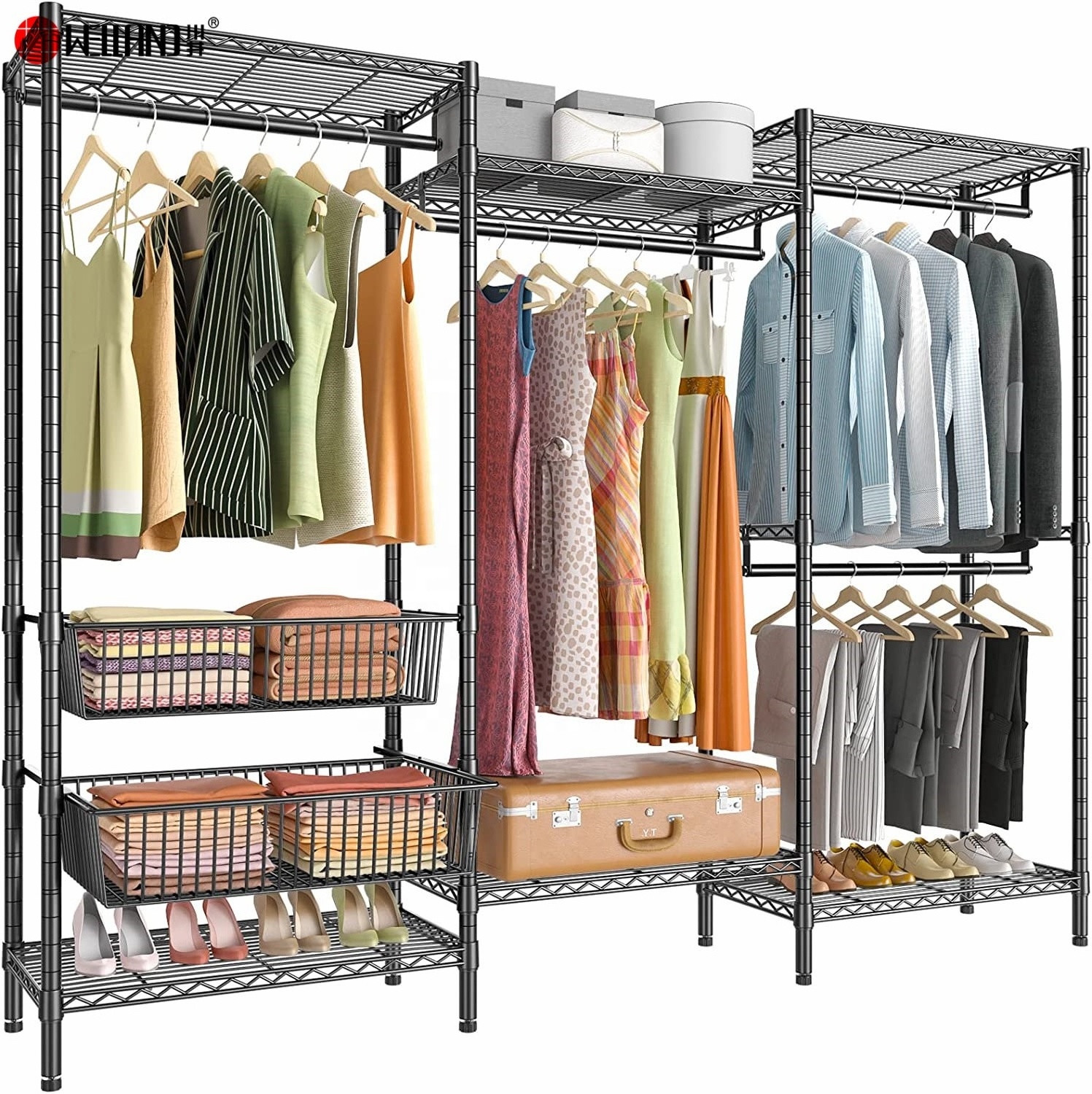 Big Size Wardrobe Wire Clothing Rack 6 Shelves Heavy Duty Garment Hanging Rods with 2 Sliding Storage Baskets