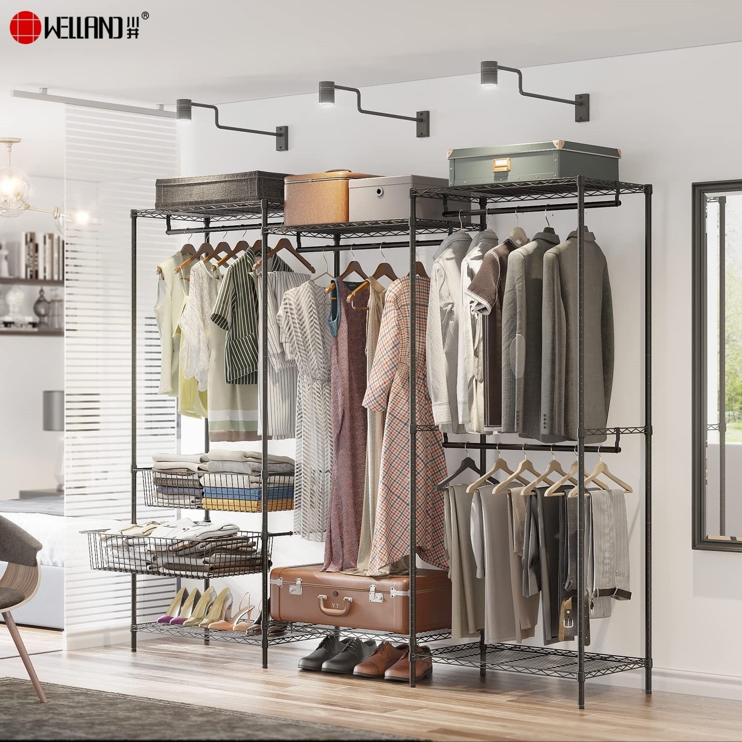 Big Size Wardrobe Wire Clothing Rack 6 Shelves Heavy Duty Garment Hanging Rods with 2 Sliding Storage Baskets