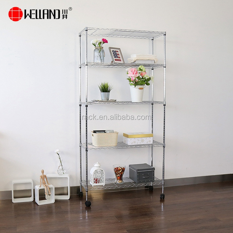 NSF Approval 5 Layer Metal Storage Detachable Carbon Steel Grid Display Chrome Plated Wire Shelf With Nylon Wheels