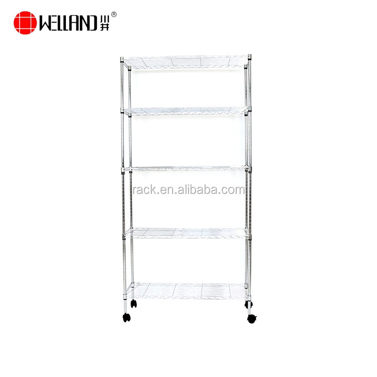 NSF Approval 5 Layer Metal Storage Detachable Carbon Steel Grid Display Chrome Plated Wire Shelf With Nylon Wheels