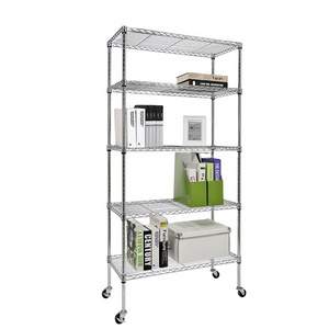 Portable Movable Modern 5 Tiers Chrome Wire Storage Rack Shelf with Wheels