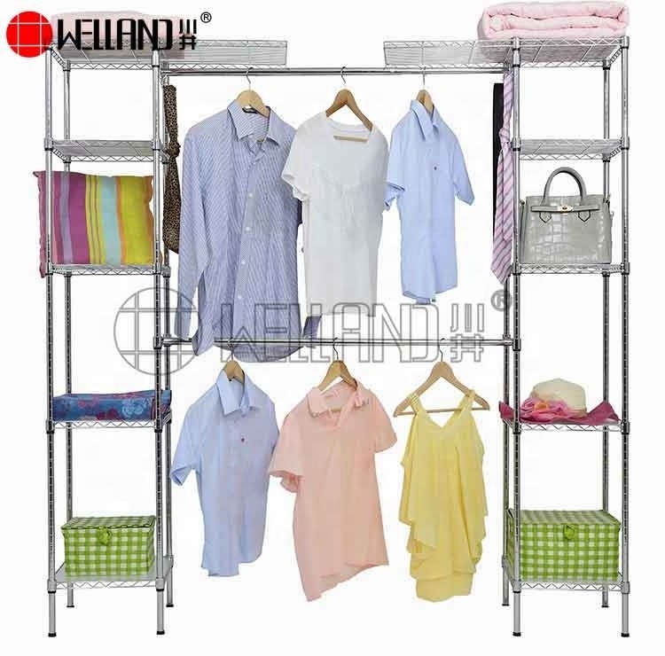 Expandable Chrome Garment Clothes Rack With Floor Shelf Coat Hanger Standing Clothes Stand Rack