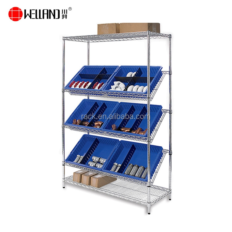 Industrial 5 Shelf 350 kg Heavy Duty Slanted Wire Shelving Unit Chrome Metal Storage Rack