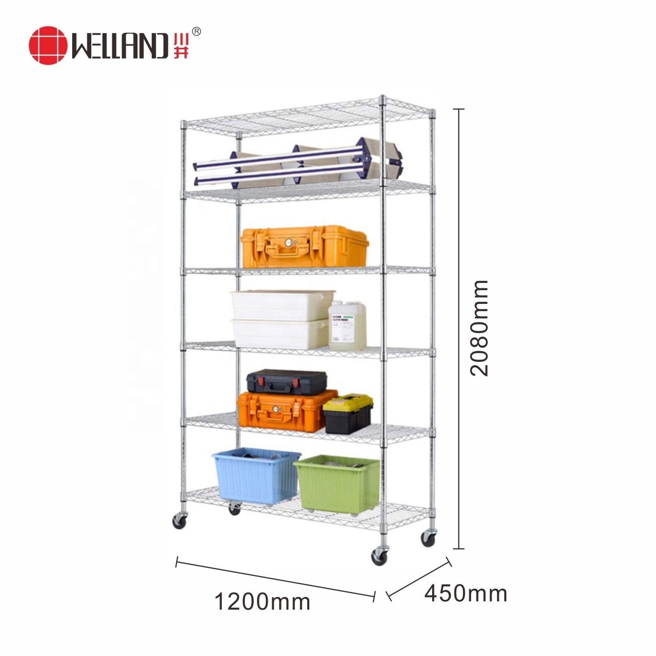 Light Weight Home Furniture 6 Wire Shelf Adjustable Metal Steel Garage Shelving Storage Rack Shelf with Wheels,Black/Chrome