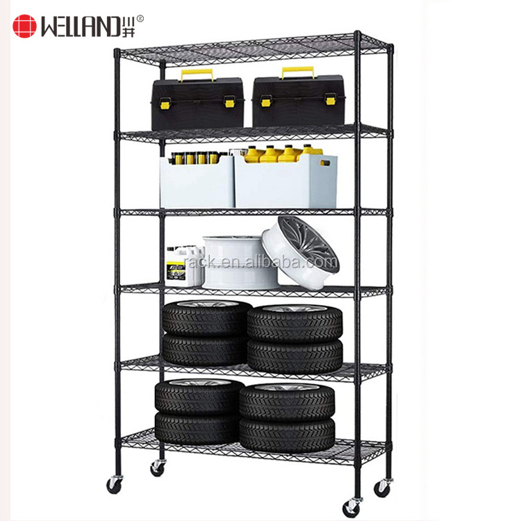 Light Weight Home Furniture 6 Wire Shelf Adjustable Metal Steel Garage Shelving Storage Rack Shelf with Wheels,Black/Chrome