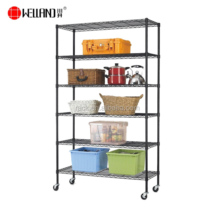 Light Weight Home Furniture 6 Wire Shelf Adjustable Metal Steel Garage Shelving Storage Rack Shelf with Wheels,Black/Chrome