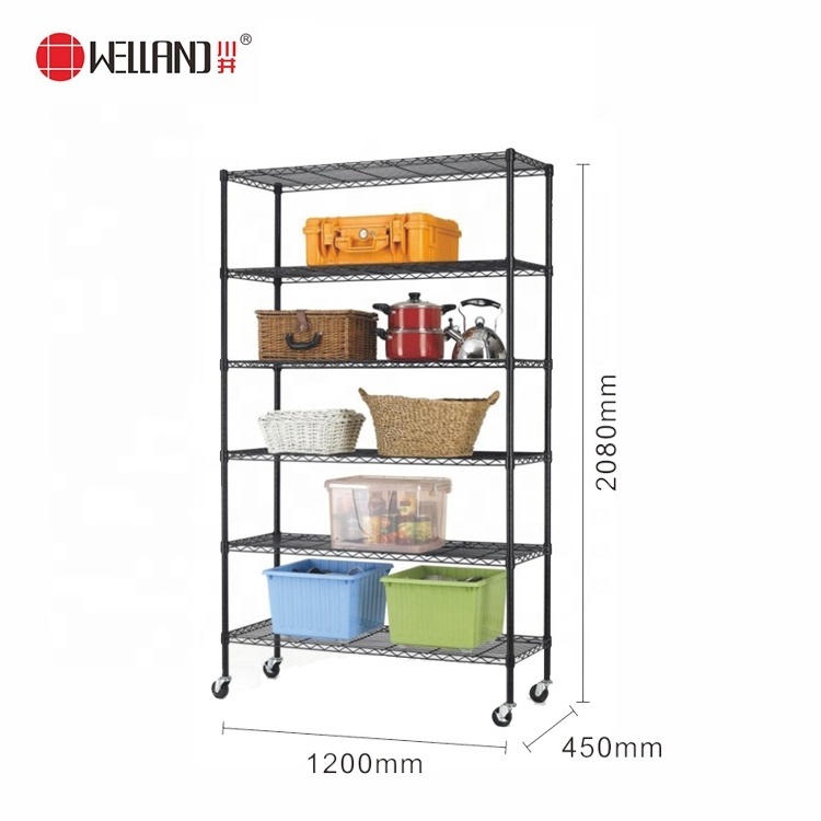 Light Weight Home Furniture 6 Wire Shelf Adjustable Metal Steel Garage Shelving Storage Rack Shelf with Wheels,Black/Chrome