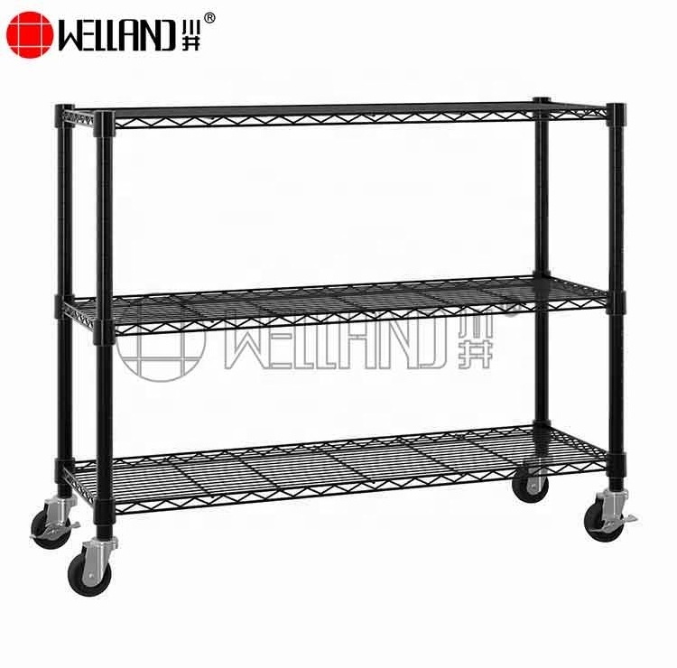 Customized 6 Tiers Changeable Powder Coated Wire Shelveing Storage Metal Black Wire Shelf With Caster Wheel