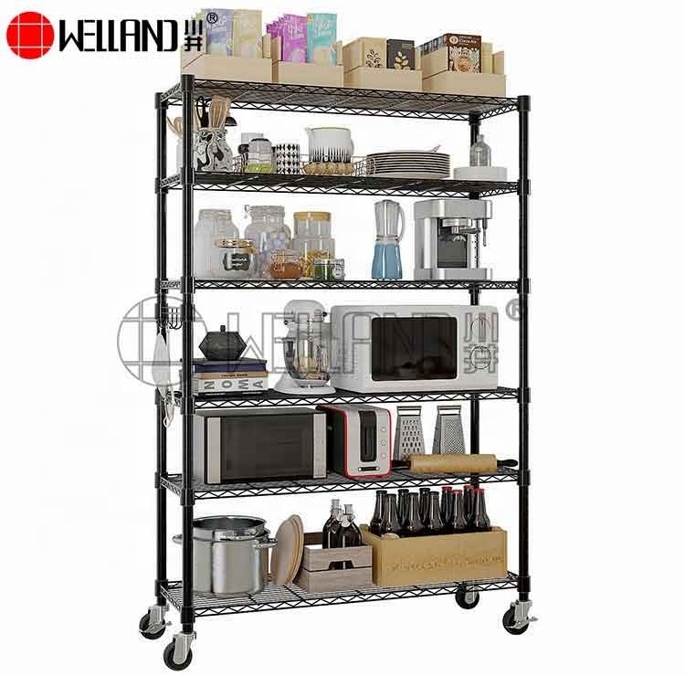 Customized 6 Tiers Changeable Powder Coated Wire Shelveing Storage Metal Black Wire Shelf With Caster Wheel