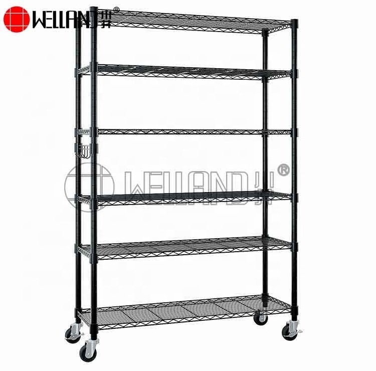 Customized 6 Tiers Changeable Powder Coated Wire Shelveing Storage Metal Black Wire Shelf With Caster Wheel