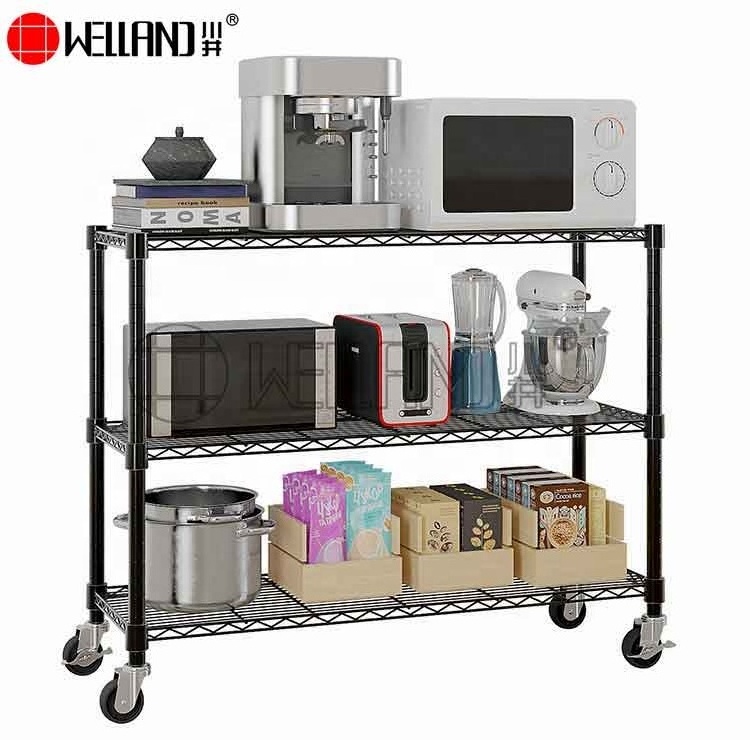 Customized 6 Tiers Changeable Powder Coated Wire Shelveing Storage Metal Black Wire Shelf With Caster Wheel