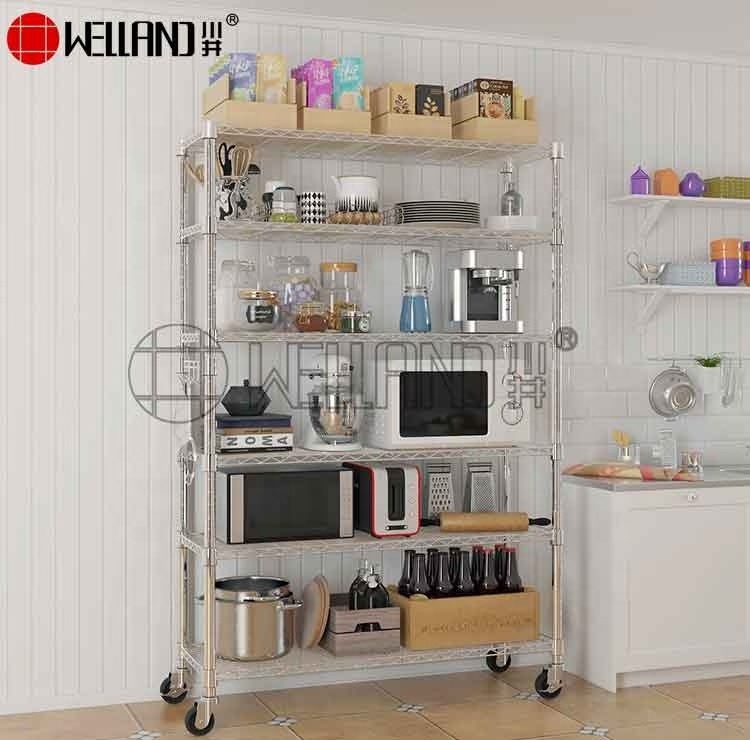 Factory Wholesale Adjustable Furniture 6 Tiers Changeable Light Wire Shelving Chrome Plated Wire Shelves With Wheels