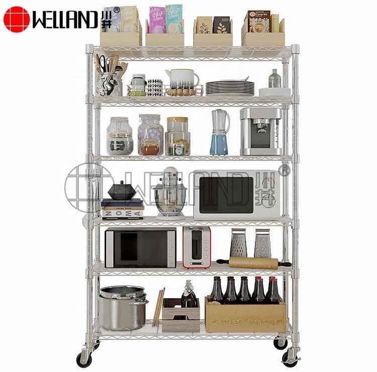 Factory Wholesale Adjustable Furniture 6 Tiers Changeable Light Wire Shelving Chrome Plated Wire Shelves With Wheels