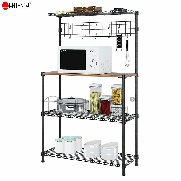 Multifunctional 4-Tier Microwave Oven Coffee Bar Kitchen Hutch Utility Storage Shelf with Tapered Square Back shelf