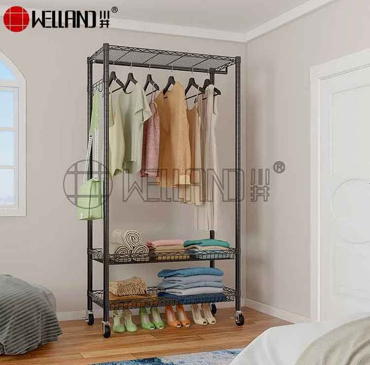 Multifunction Black Shelf Rolling Garment 3 Tiers Adjustable Wire Shelving Movable Metal Clothing Display Rack with Wheels