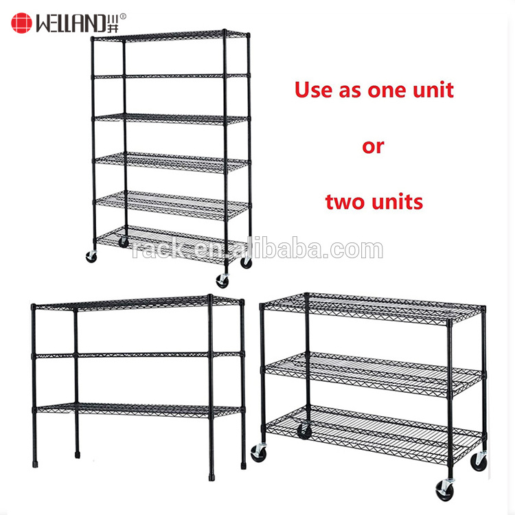 Hot Sale Commercial 6 Tier Epoxy Coating Black Heavy Duty Wire Shelving With Wheels