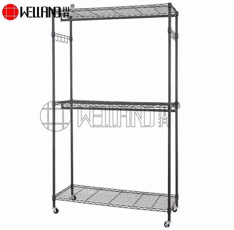 3 Tiers Chrome Garment Rack Adjustable Wire Shelving Clothes Rack With Double Rods And Side Hooks