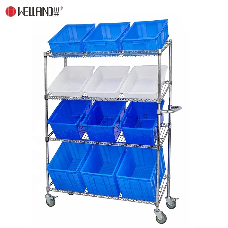 Utility Commercial Kitchen Slanted Order Picking Shelving Cart Trolley, NSF Wire Shelf Bin Organizers