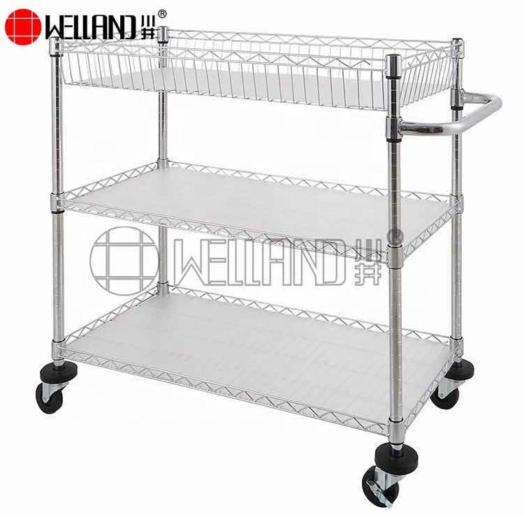 Rolling 3 Tiers Chrome Wire Utility Cart Modern Retail Restaurant Shelving Rack Trolley