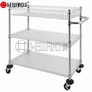 Rolling 3 Tiers Chrome Wire Utility Cart Modern Retail Restaurant Shelving Rack Trolley