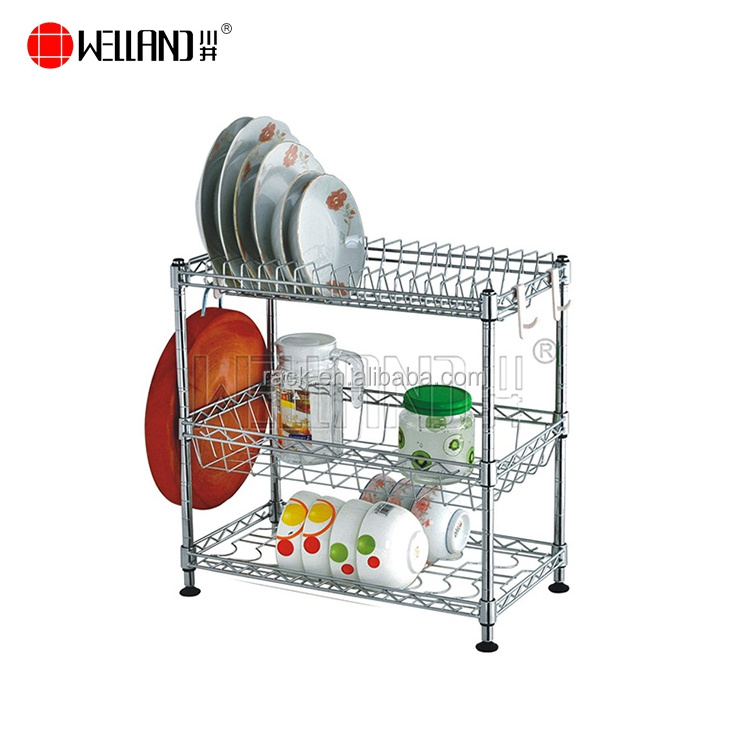 New Kitchen Wire Rack Organizer Design 3 Tiers Chrome Metal Dish Tableware Drying Rack