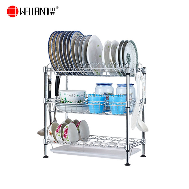 New Kitchen Wire Rack Organizer Design 3 Tiers Chrome Metal Dish Tableware Drying Rack