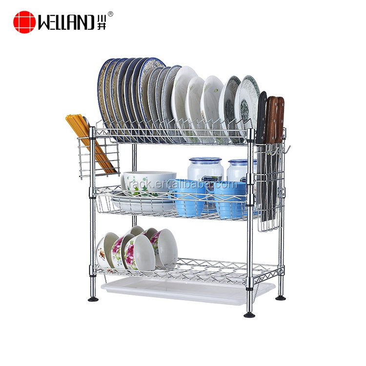 New Kitchen Wire Rack Organizer Design 3 Tiers Chrome Metal Dish Tableware Drying Rack